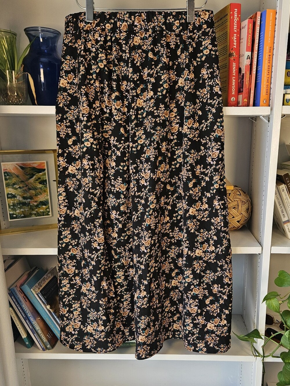 Floral Midi Skirt Brown Black Size Large Boho Fairy Whimsi Summer Fall Feminine